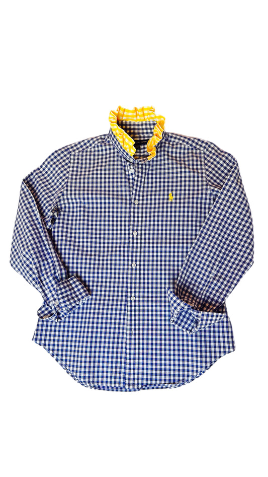 Navy Gingham Ruffle Polo Shirt
