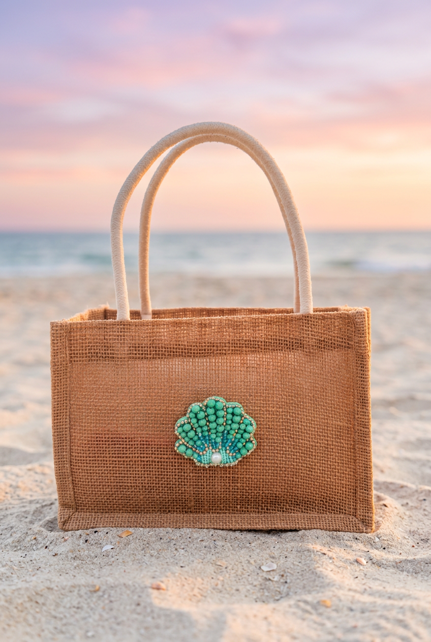 Jute Tote Bag with Turquoise Sparkly Seashell