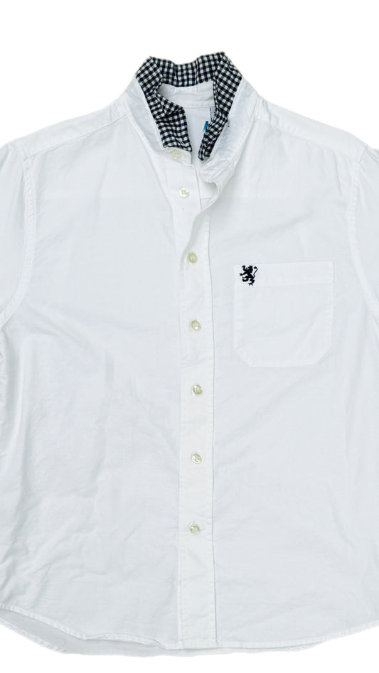 White Ruffle Shirt with Navy Check Collar