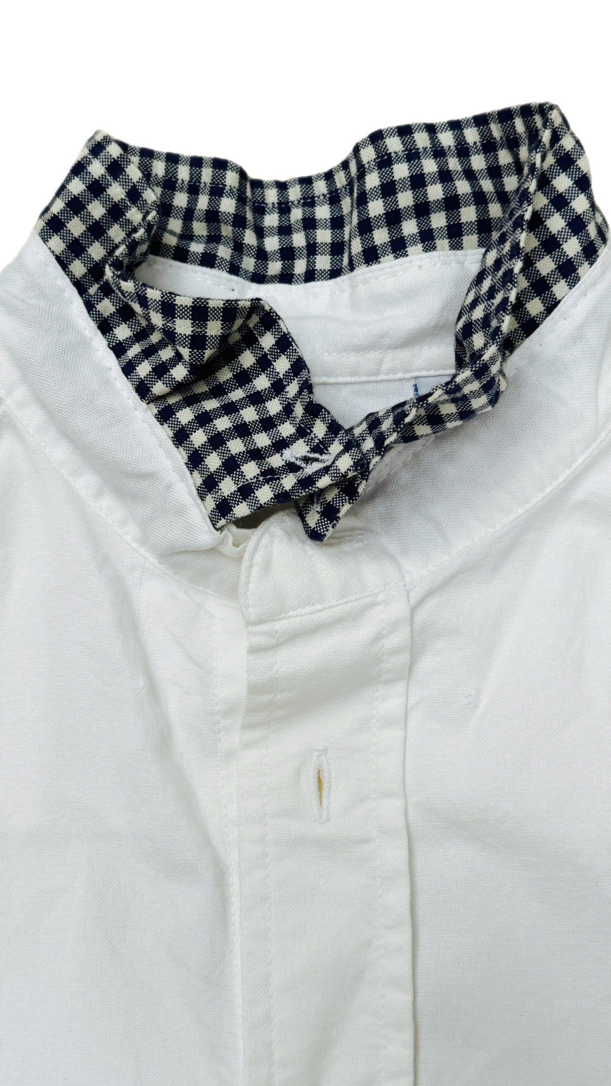 White Ruffle Shirt with Navy Check Collar