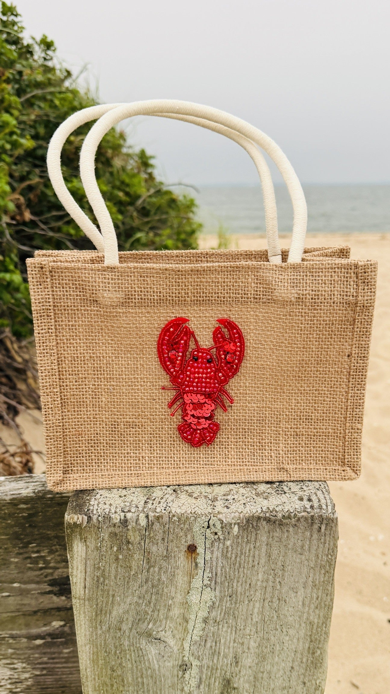 Jute Tote Bag with Beaded Lobster