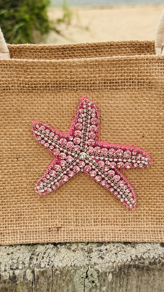 Jute Tote Bag with Beaded Starfish