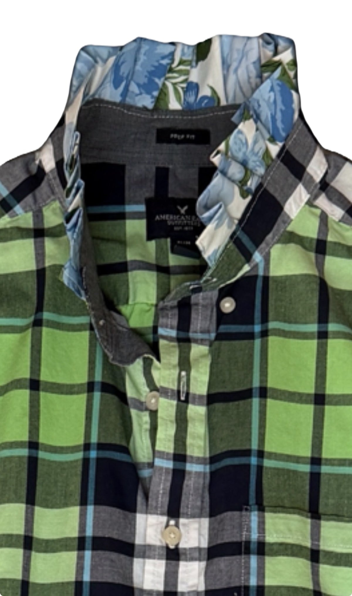 Navy and Green Plaid Sleeve Ruffle Shirt