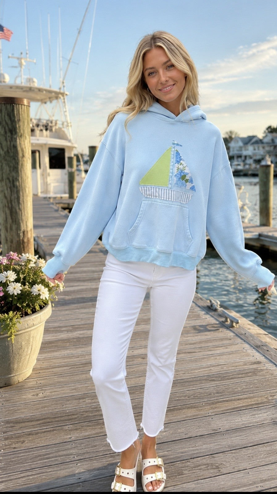 Light Blue Hoodie with Sailboat Applique