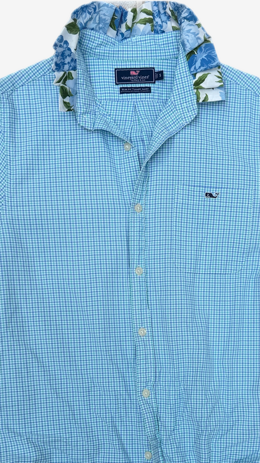 Blue Green Check with Floral Collar
