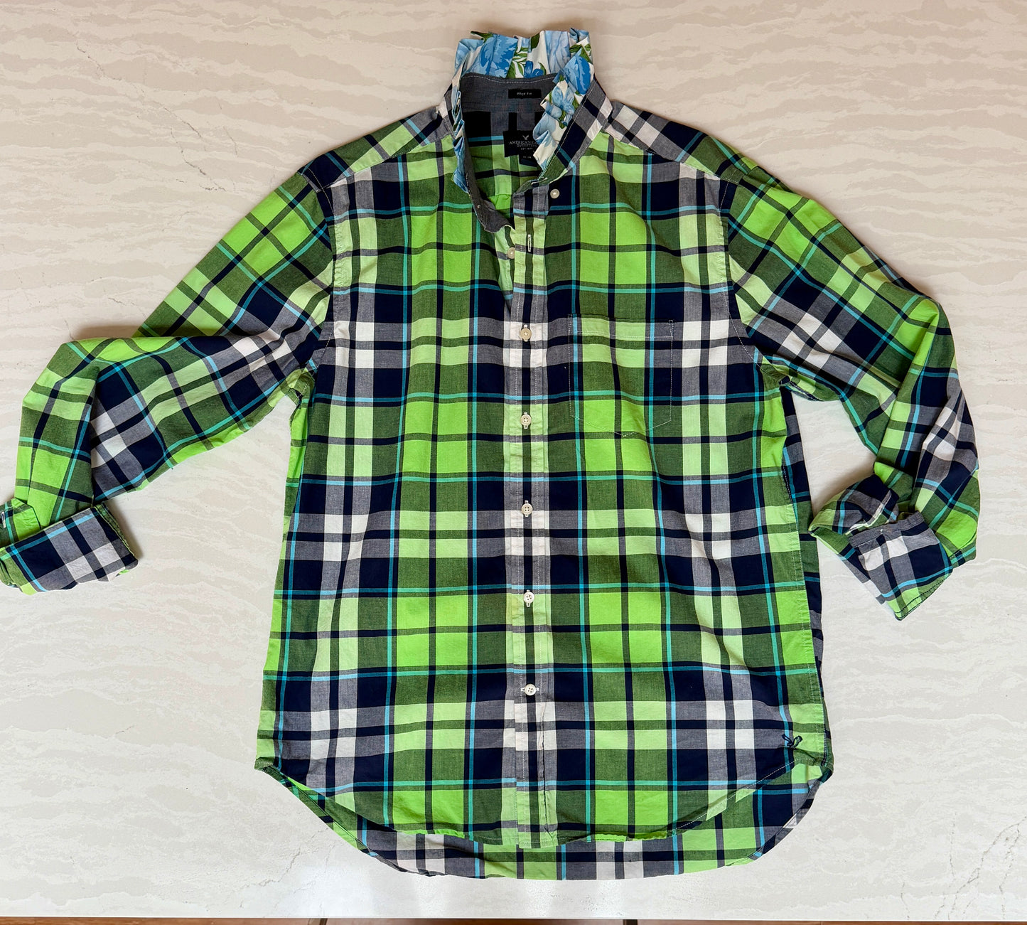 Navy and Green Plaid Sleeve Ruffle Shirt