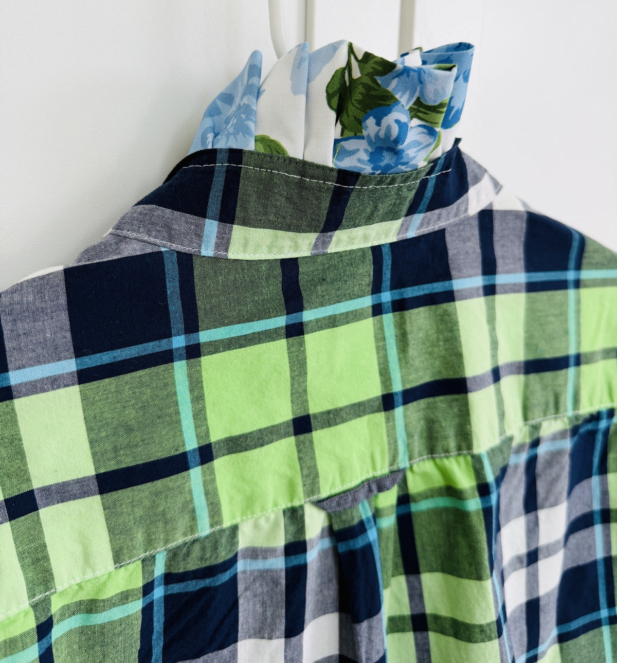 Navy and Green Plaid Sleeve Ruffle Shirt