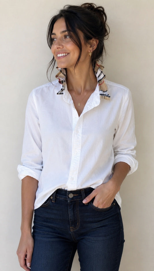 White Ruffle Shirt with Burberry Collar