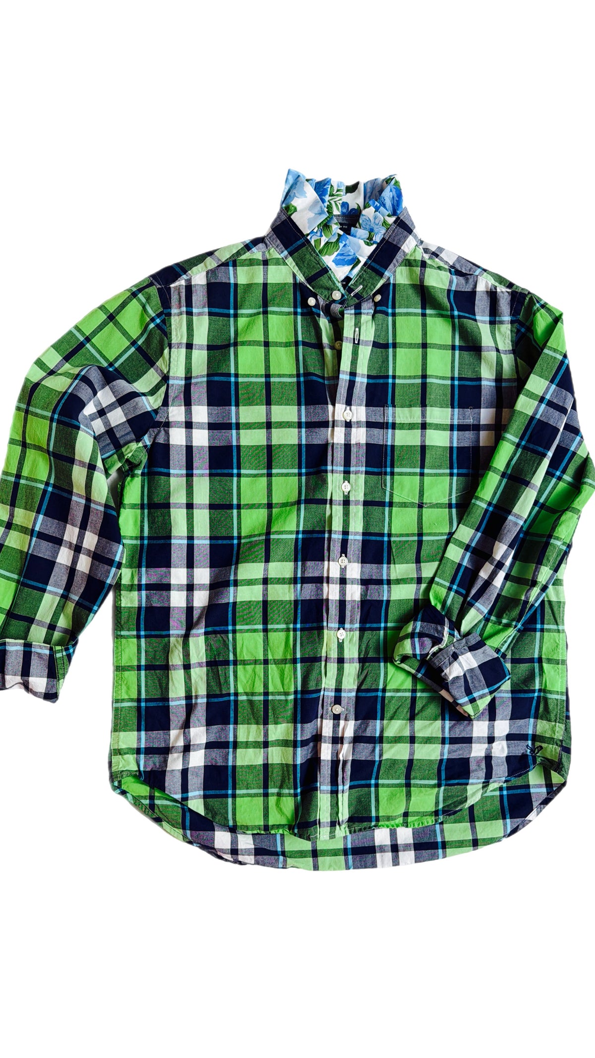 Navy and Green Plaid Sleeve Ruffle Shirt