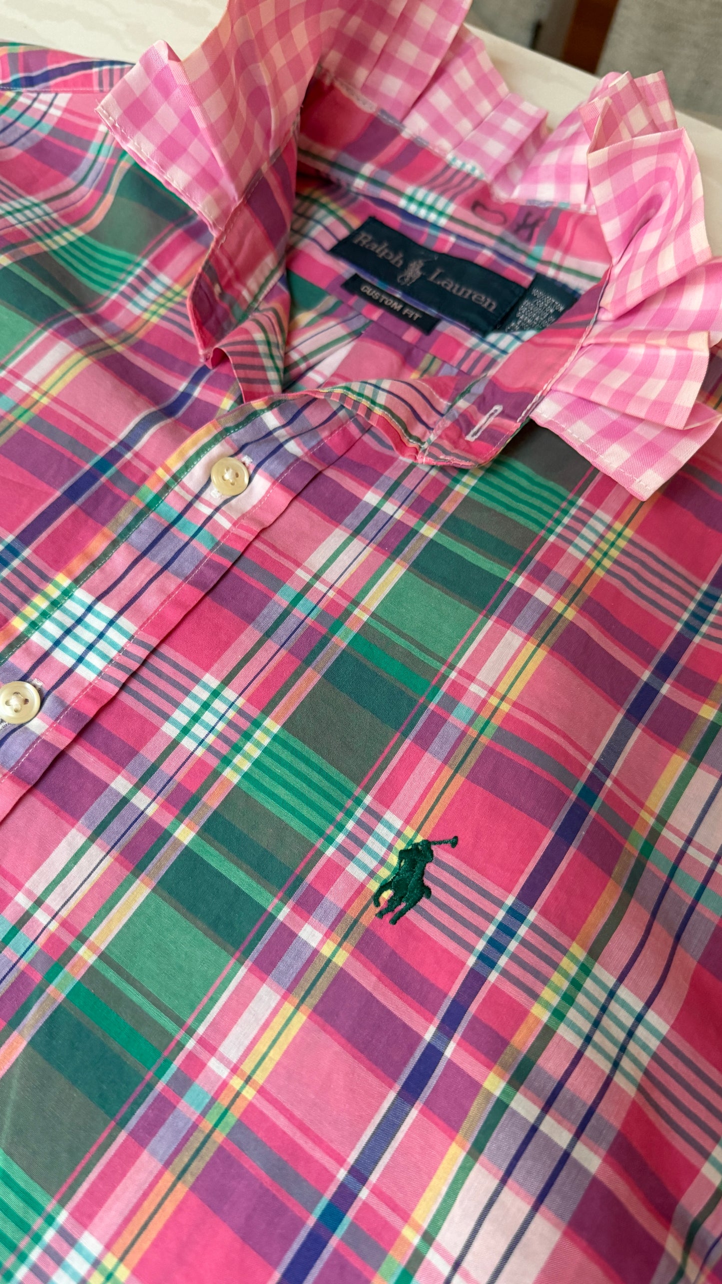 Pink and Green Plaid Polo Ruffle Shirt