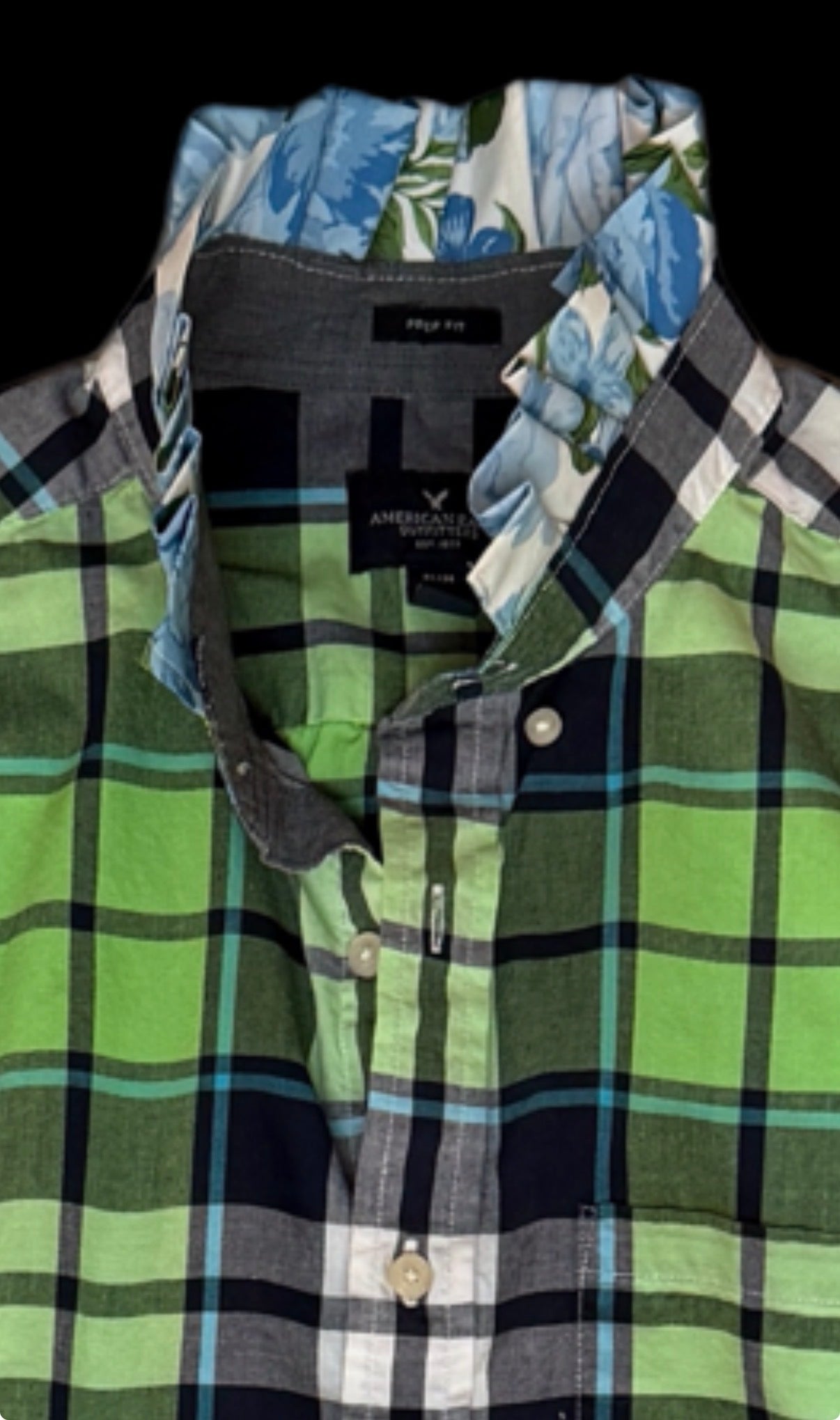 Navy and Green Plaid Sleeve Ruffle Shirt
