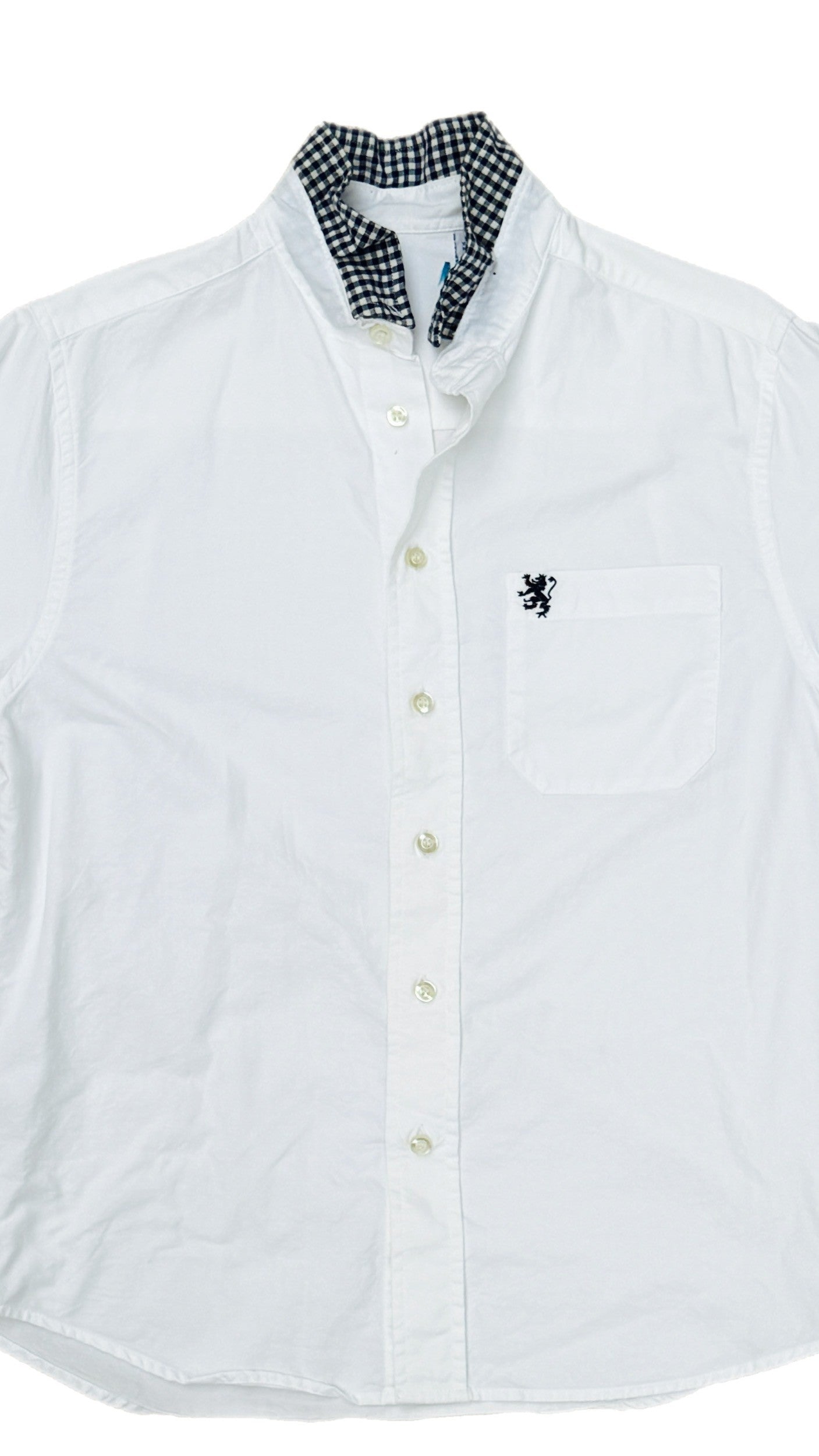 White Ruffle Shirt with Navy Check Collar