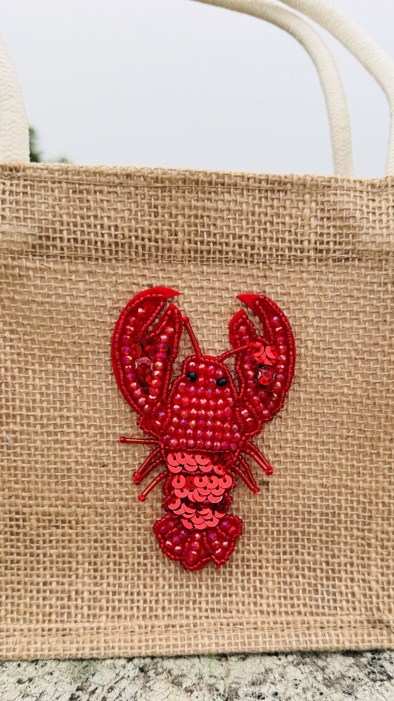 Jute Tote Bag with Beaded Lobster
