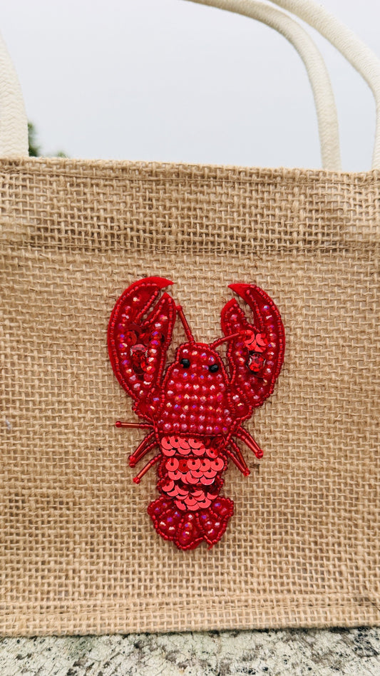 Jute Tote Bag with Beaded Lobster