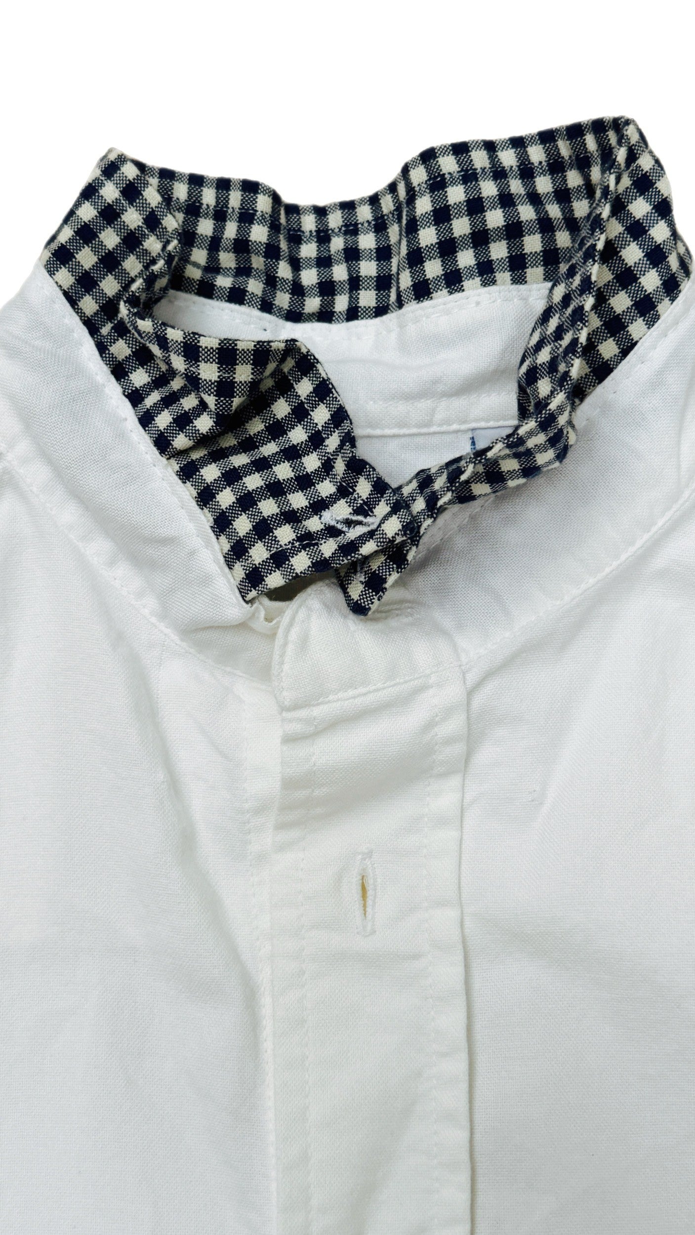 White Ruffle Shirt with Navy Check Collar