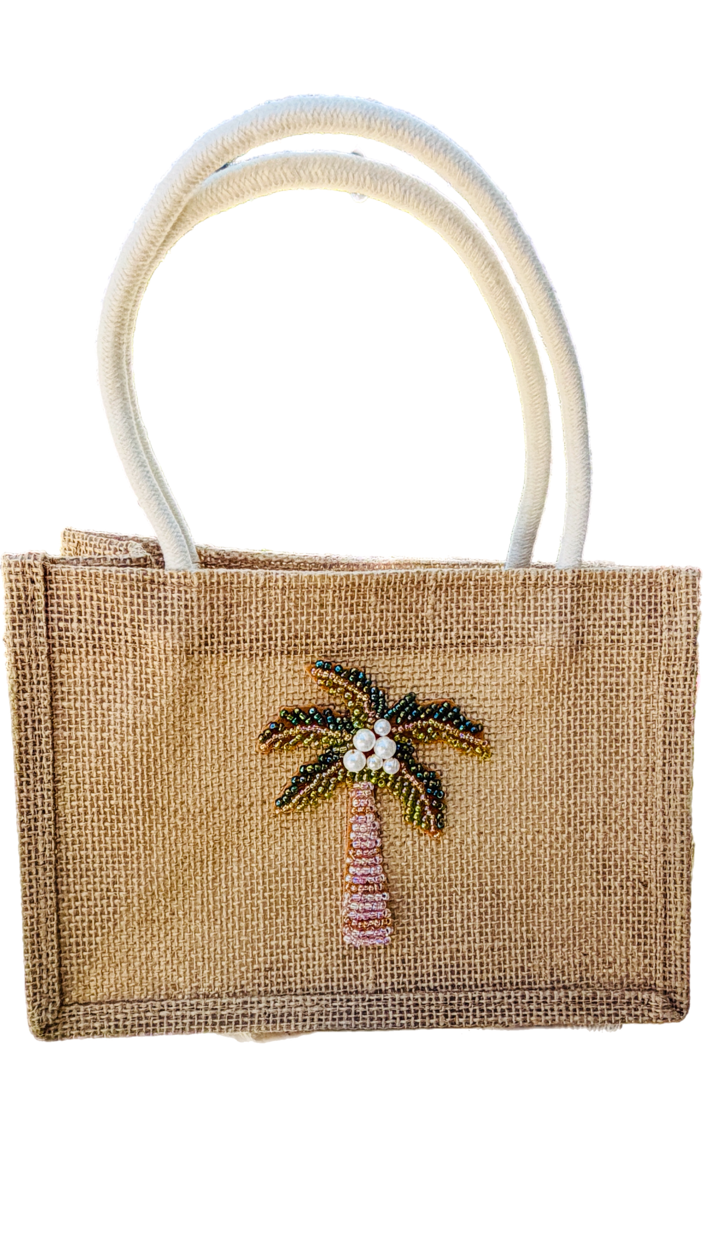 Jute Tote Bag with Beaded Palm Tree