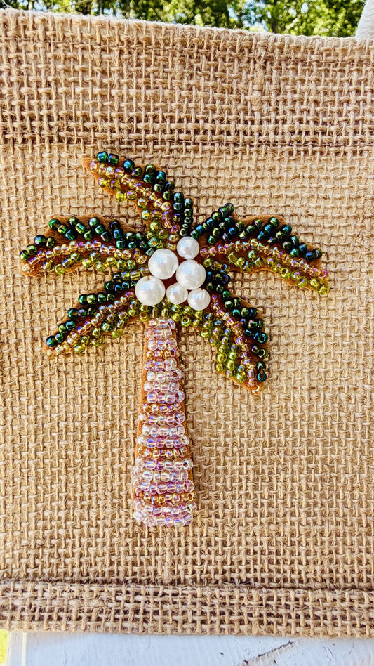 Jute Tote Bag with Beaded Palm Tree