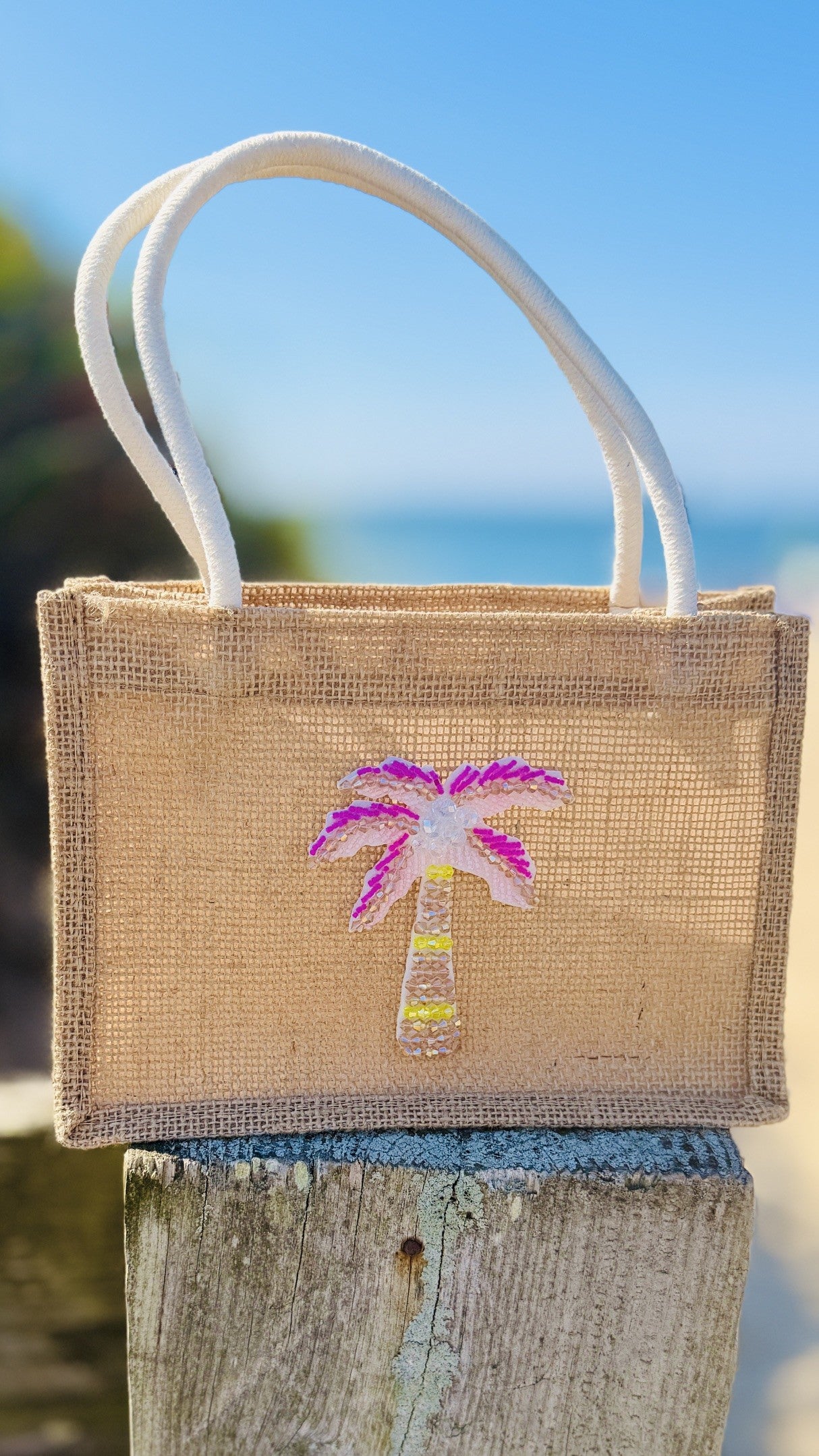 Jute Tote Bag with Pink Beaded Palm Tree
