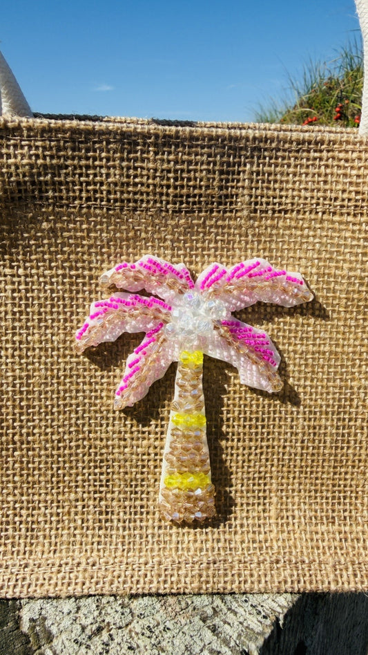 Jute Tote Bag with Pink Beaded Palm Tree