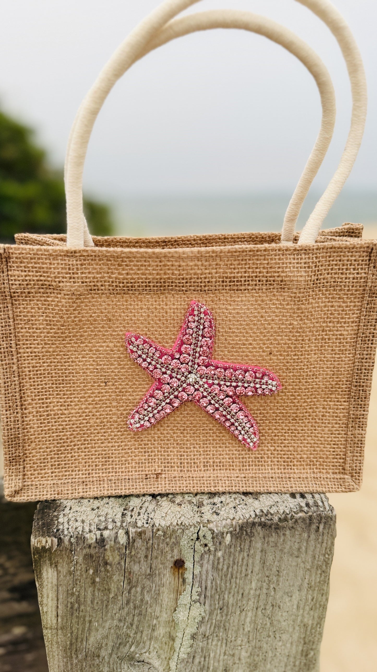 Jute Tote Bag with Beaded Starfish