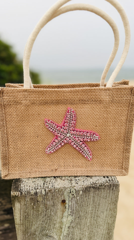 Jute Tote Bag with Beaded Starfish
