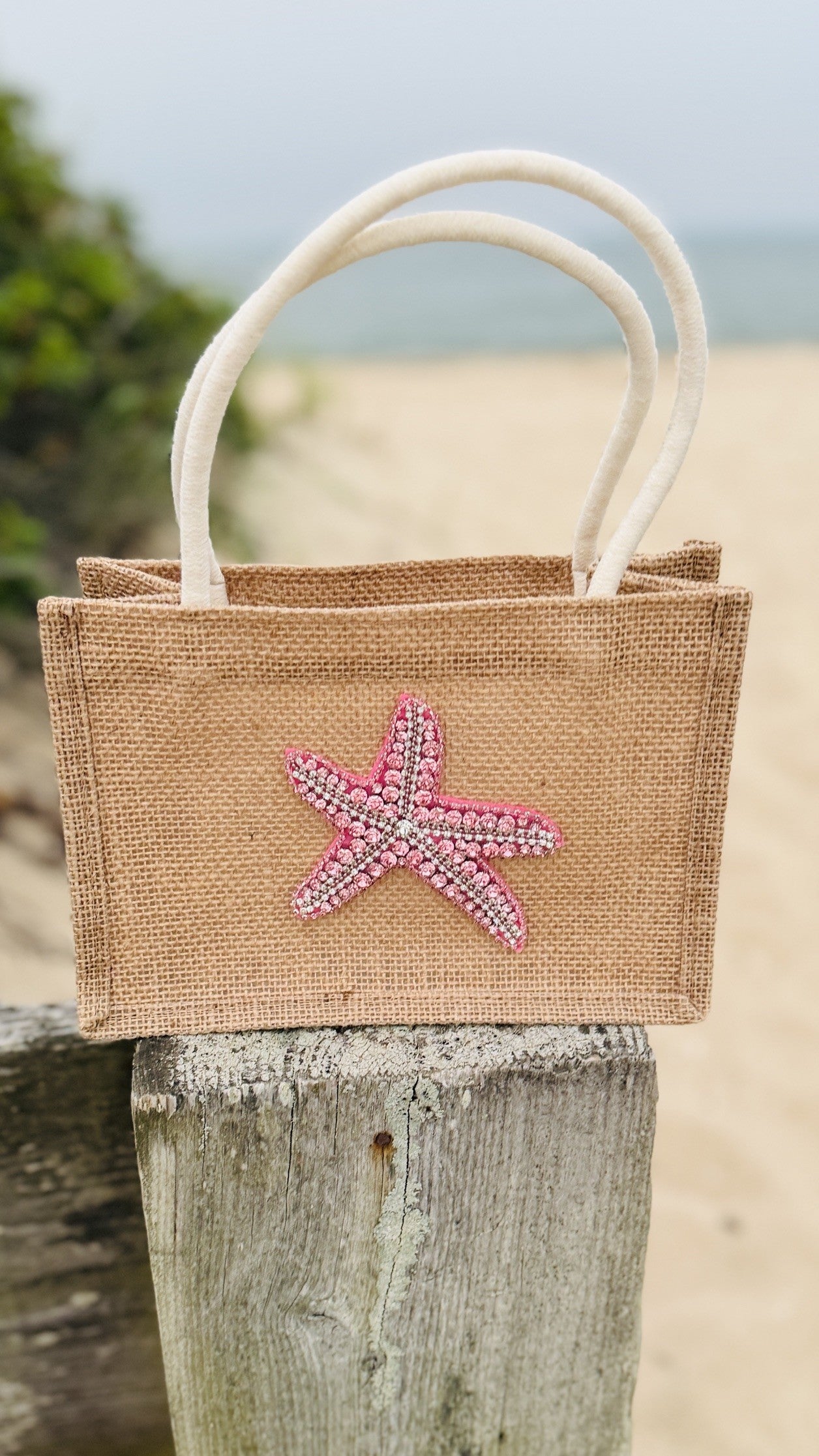 Jute Tote Bag with Beaded Starfish